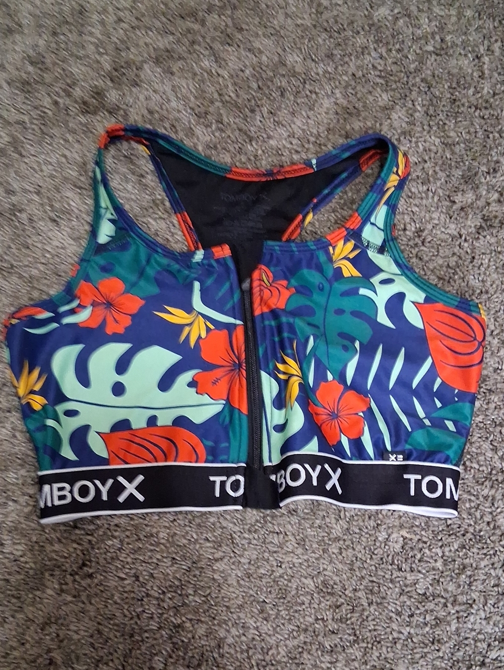 TomboyX Tropical Floral Zip-Front Tank Top Swim Workout - L - Navy Orange